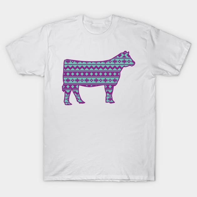 Livestock Show Heifer with Purple & Blue Southwest Aztec Pattern T-Shirt by SAMMO